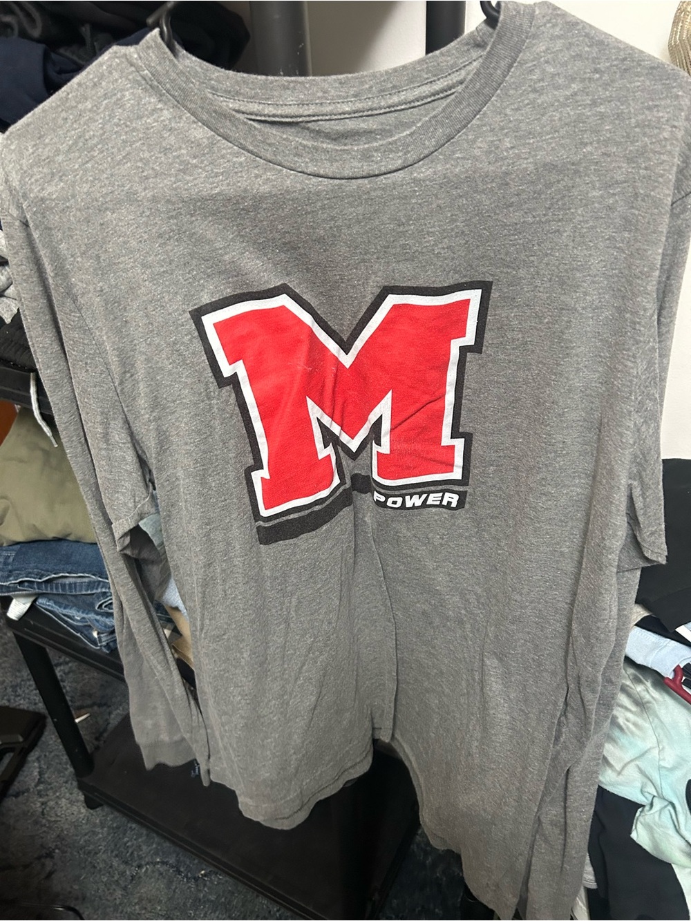 Gray Long-Sleeve Tee with Red 'M' Graphic